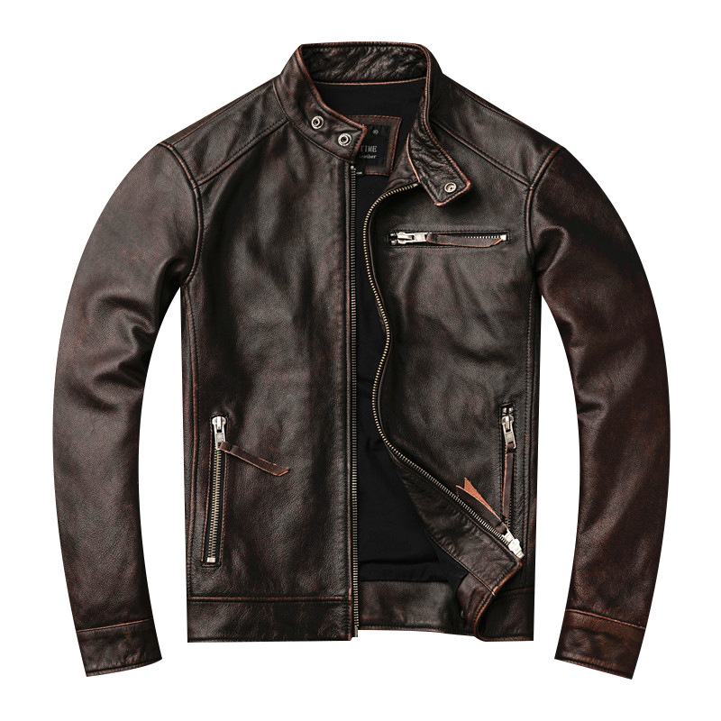 Leather Work Jacket - Ami Khaki Men's Distressed Leather Jacket