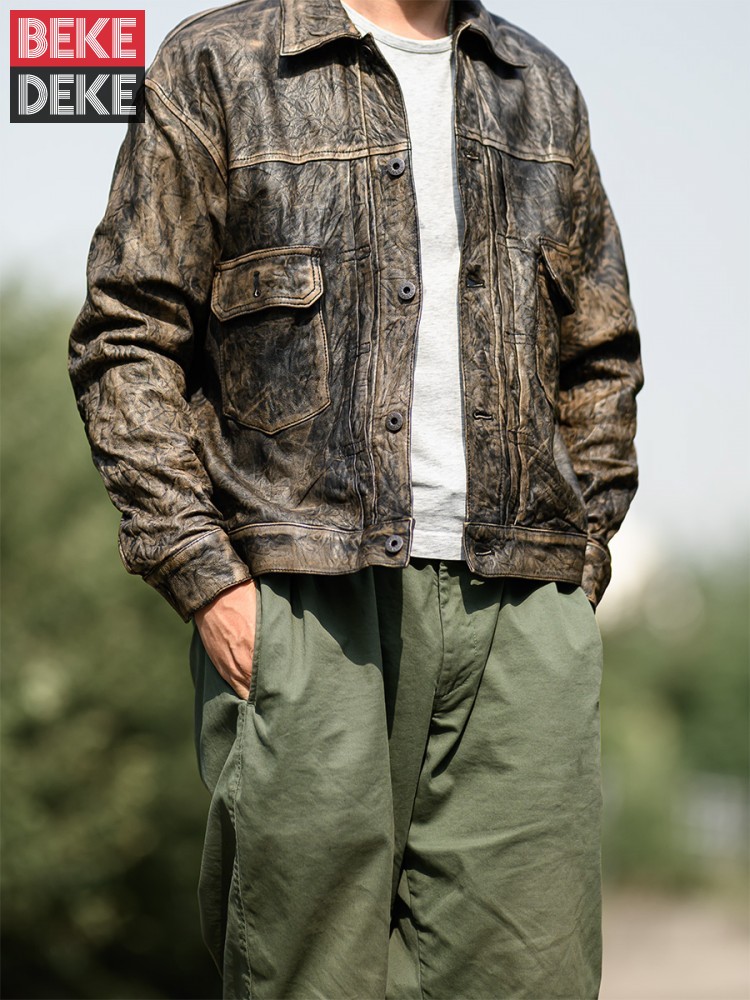 Leather Work Jacket - Vintage Wrinkled Real Sheepskin Jacket Men