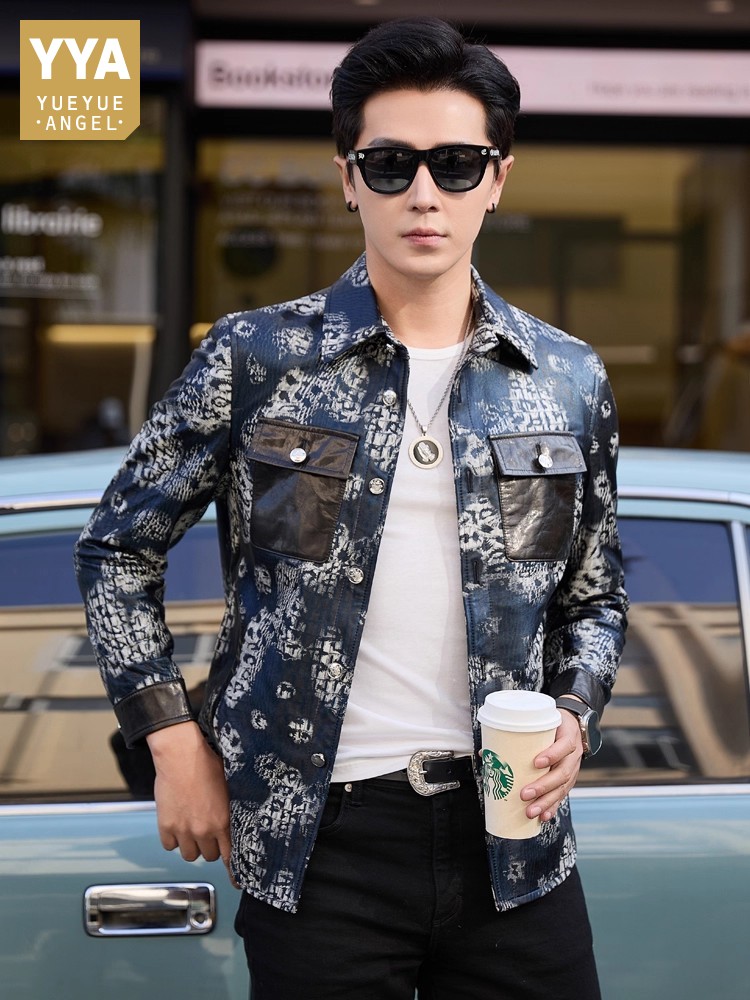 Leather Work Jacket - Luxury New Fashion Floral Printed Mens