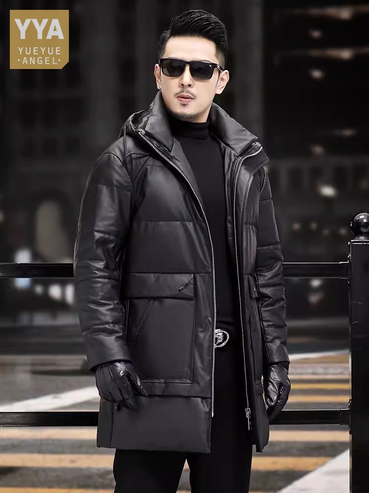 Leather Work Jacket - Winter Mens Thick Warm White Goose