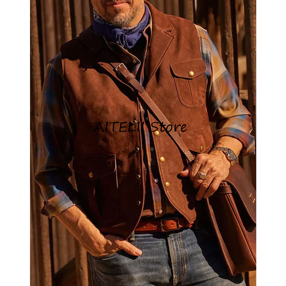 Leather Work Vest For Men - Gilet Men Single-breasted Vests for Men
