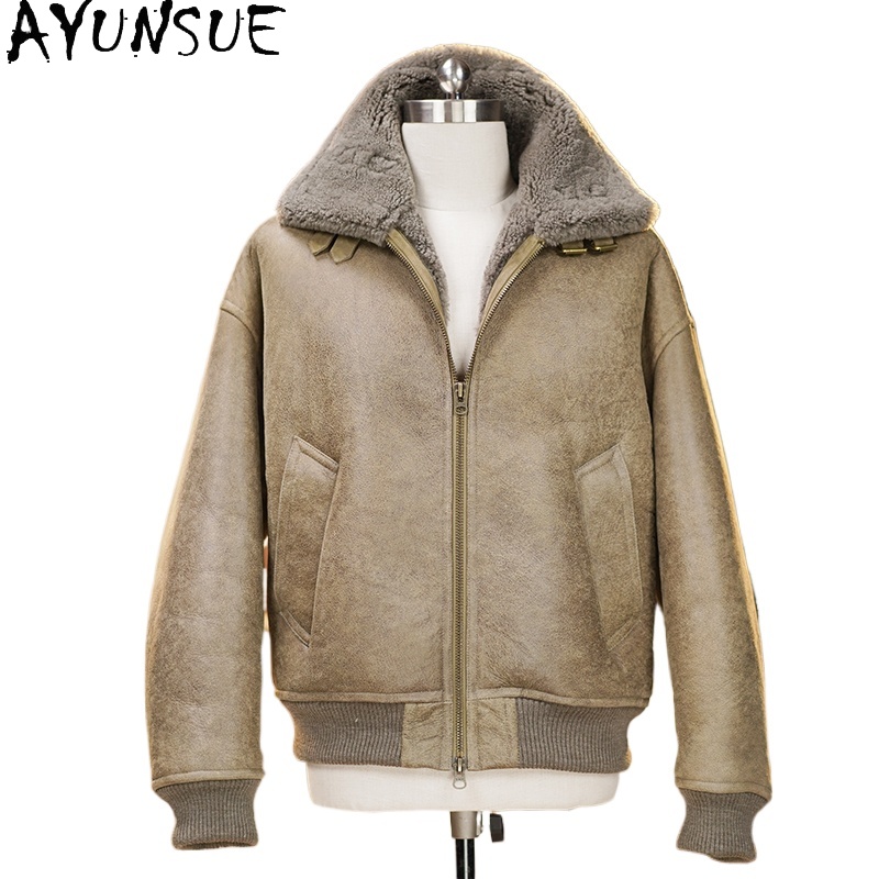 Leather Work Jacket - AYUNSUE High-end Natural Fur Coat Men