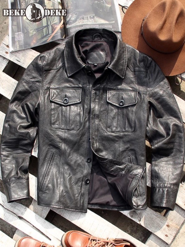 Leather Work Jacket - Punk Mens Genuine Leather Jacket Vintage