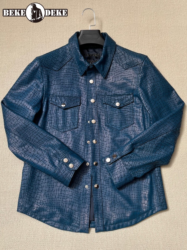 Leather Work Jacket - Men Spring Crocodile Pattern Real Sheepskin
