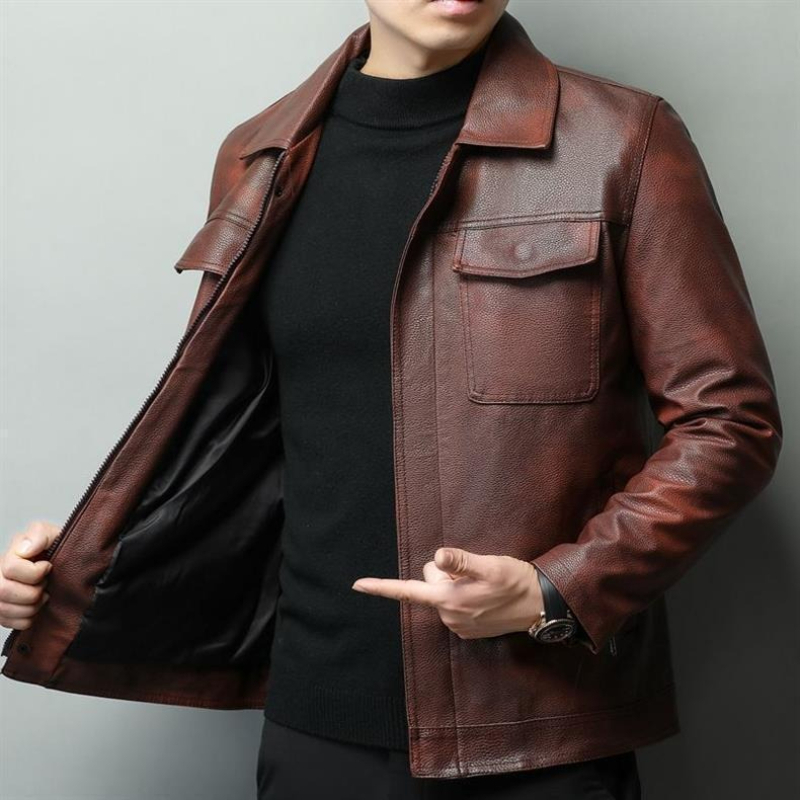 Leather Work Jacket - Vintage Brown Cowhide Leather Biker Jacket