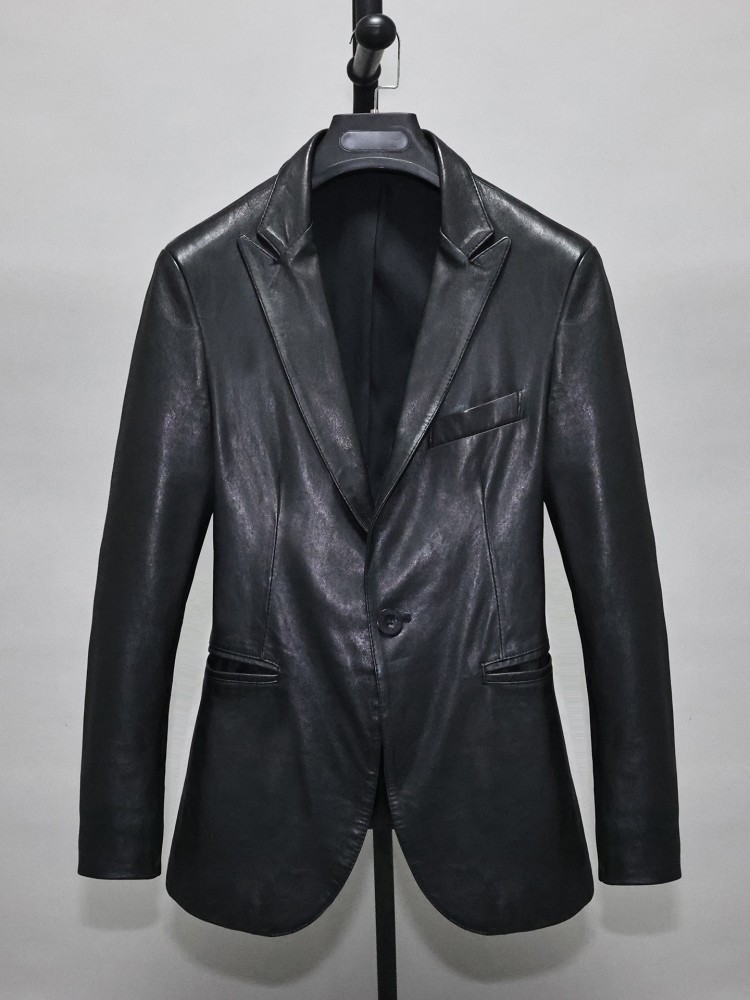 Slim Fit Solid Color Men Offic - Leather Work Jacket avaliação e preço