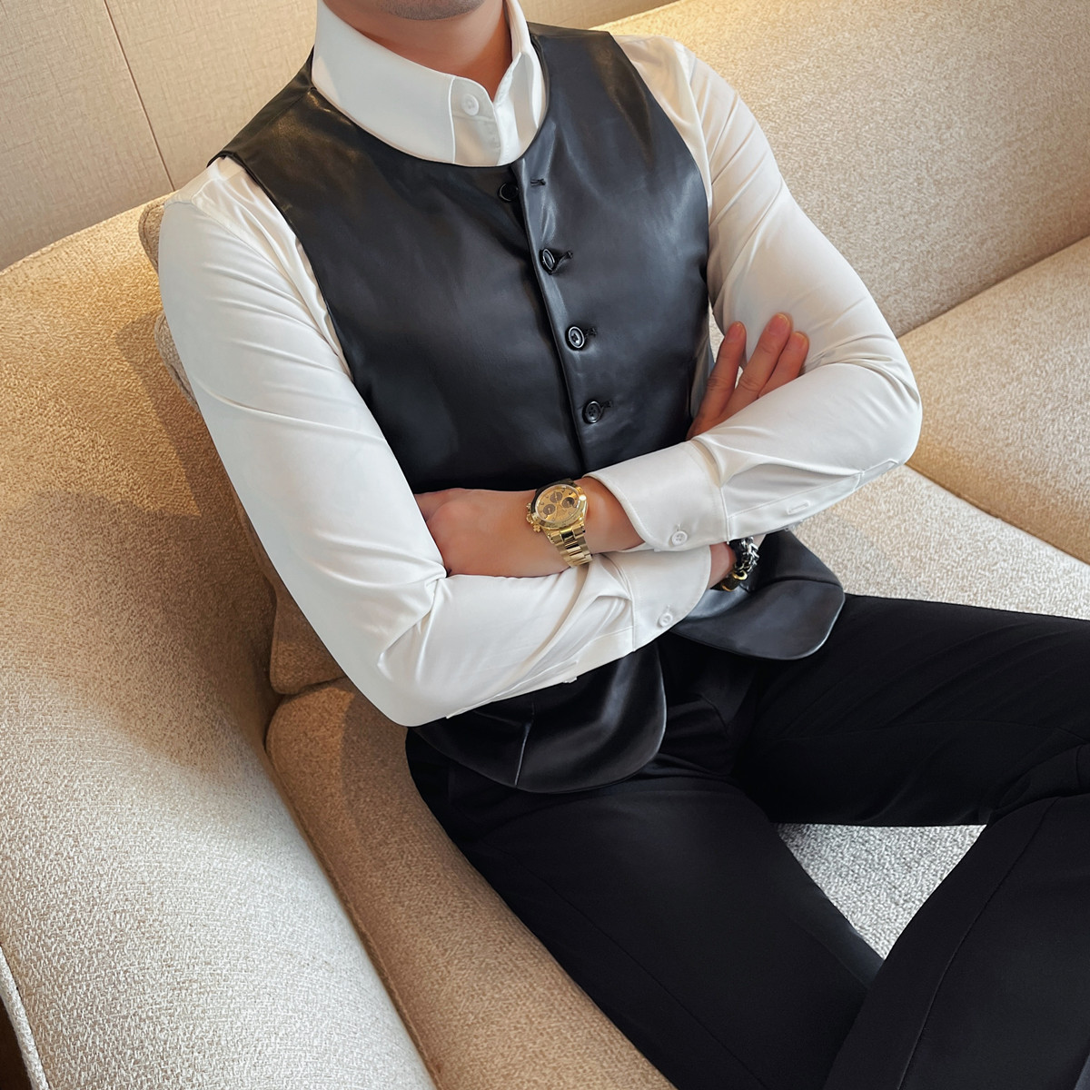 2025 Autumn Men's Casual Leath - Leather Work Vest For Men avaliação e preço