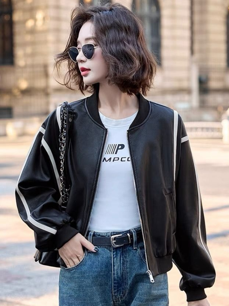 ​2025 Women's Short Leather Ba - Leather Work Jacket avaliação e preço